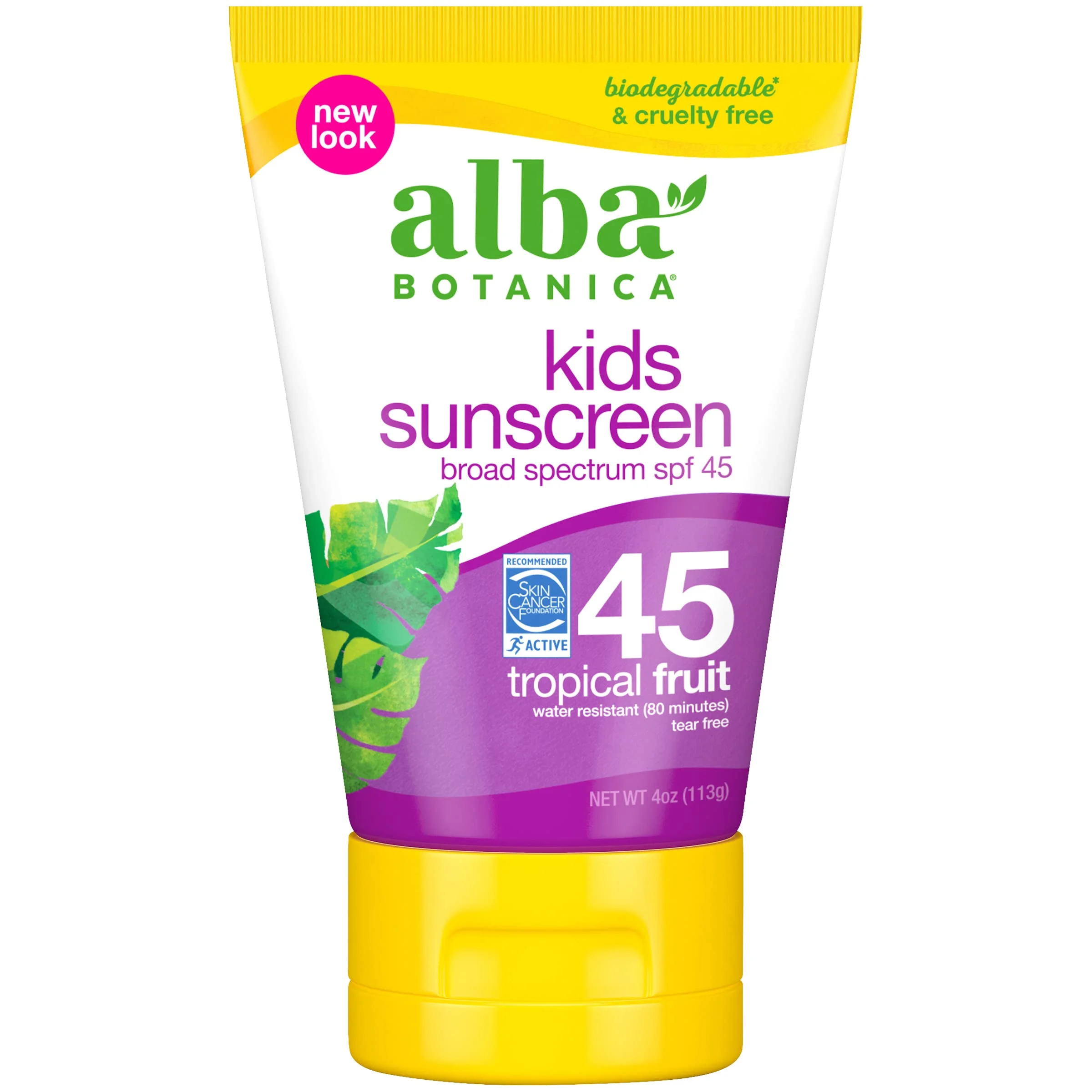 Alba Botanica Kids Sunscreen Lotion, SPF 45, Tropical Fruit, 4 Oz (Packaging May Vary)