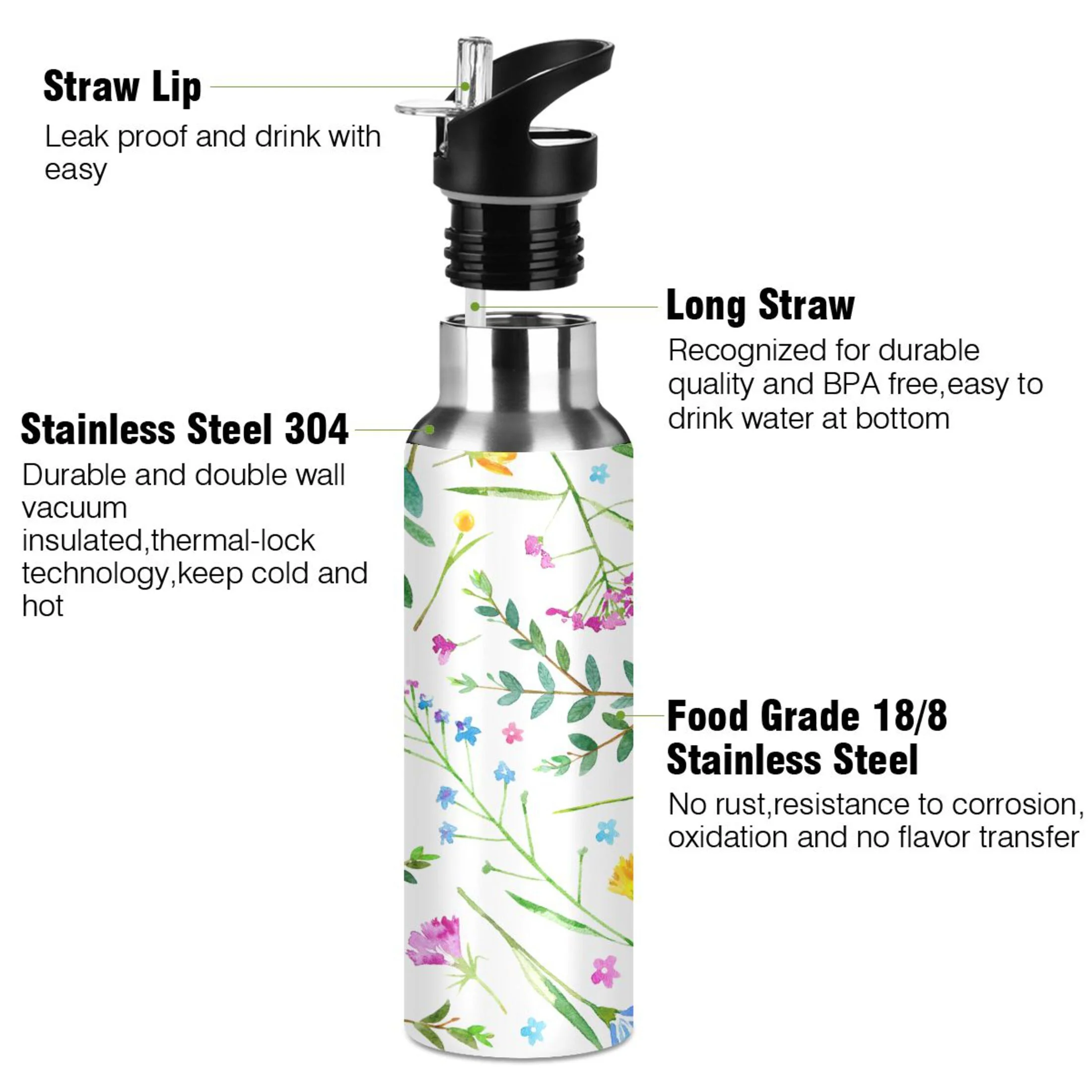 Water Bottle with Straw Lid Leak Leaves Lavenders Stainless Steel Insulated Thermos Vacuum Flask for Cold Hot Drinking for Sports Camping Gym Yoga