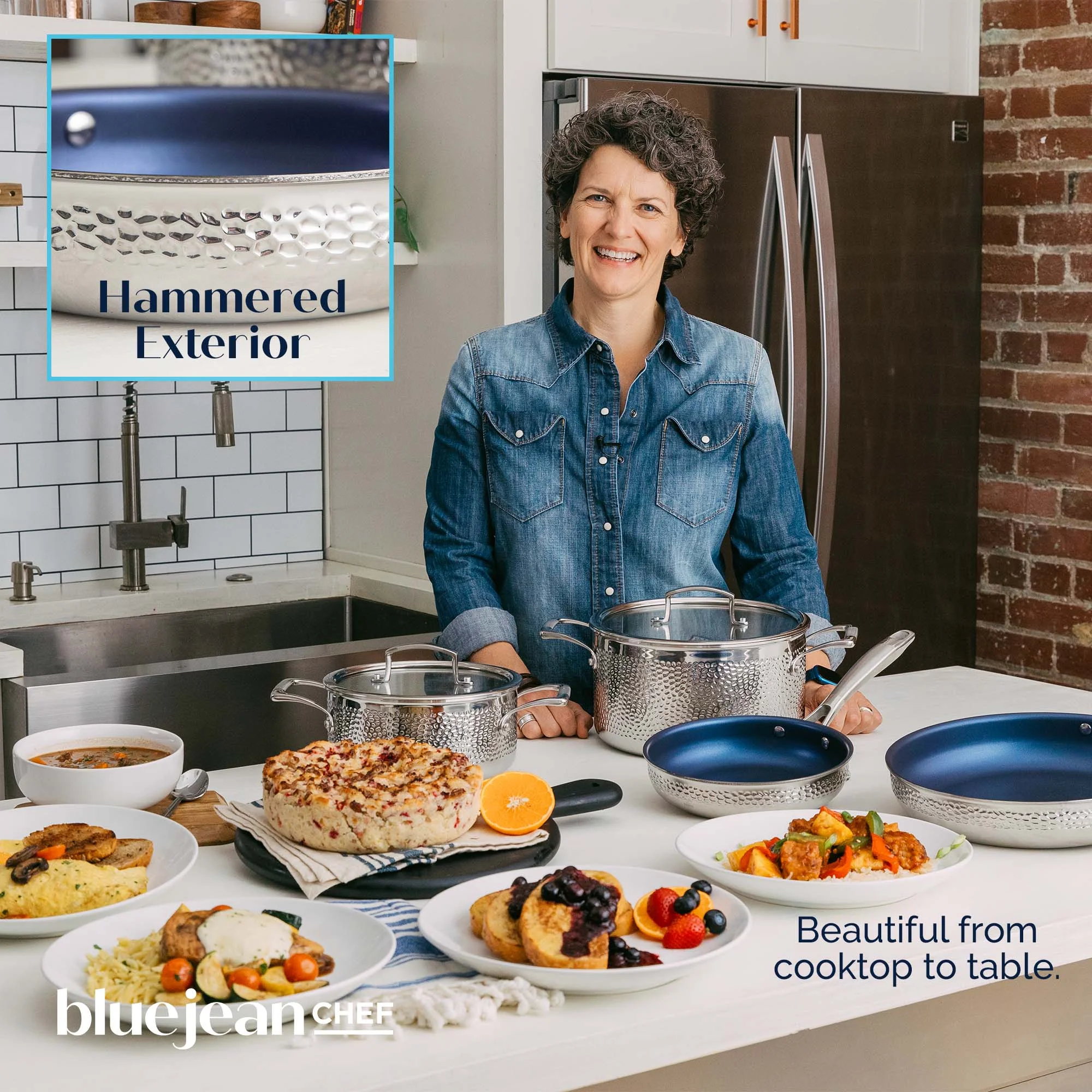 Blue Jean Chef 6-Piece Stainless Steel Cookware Set, Hammered Finish, Tri-Ply Construction Clad Cookware, Nonstick; Induction, Oven & Dishwasher Safe