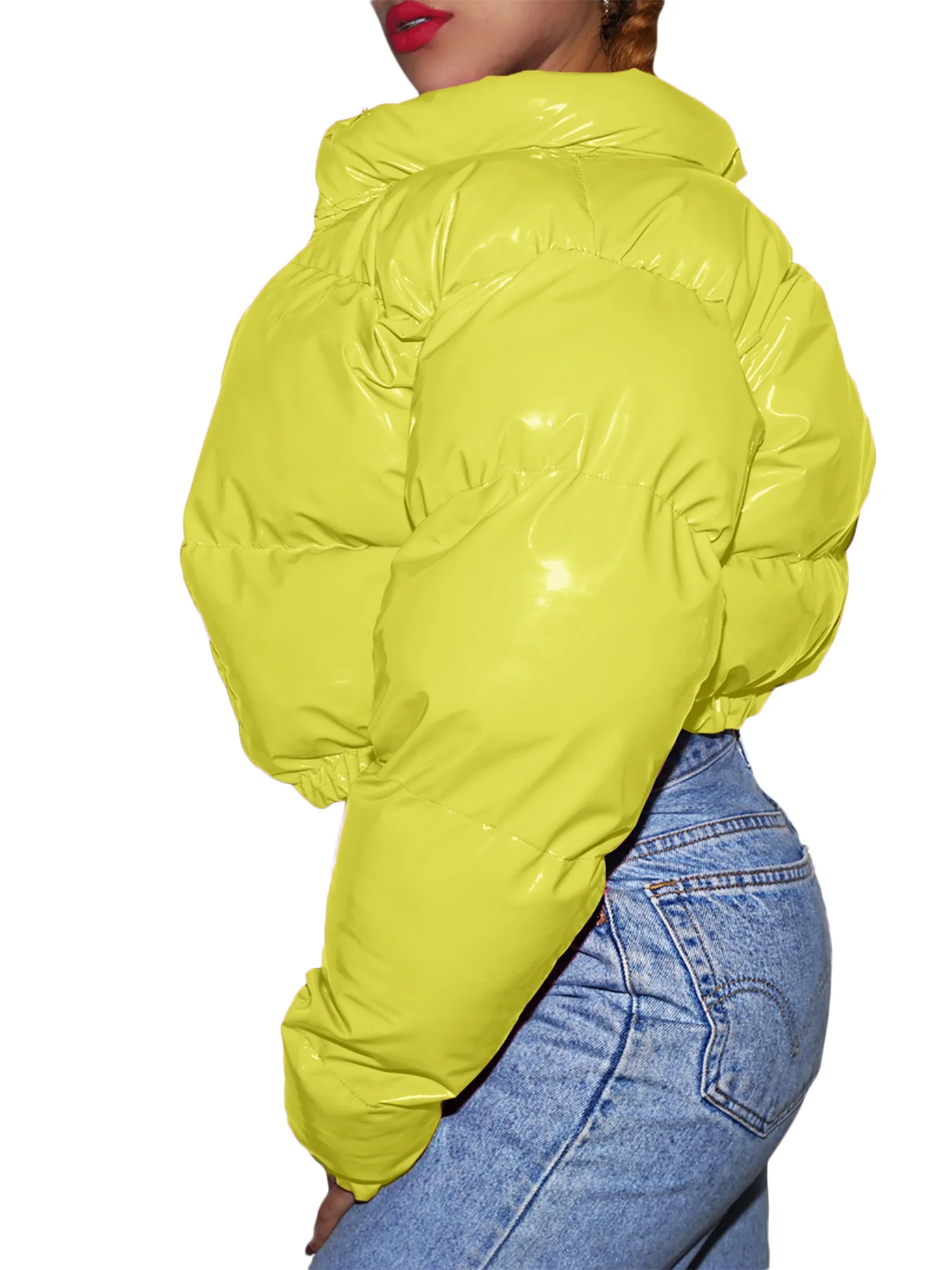 LisenraIn Women Winter Puffer Jackets-Long Sleeve Stand Collar Cropped Down Leather Waterproof Bomber Jackets