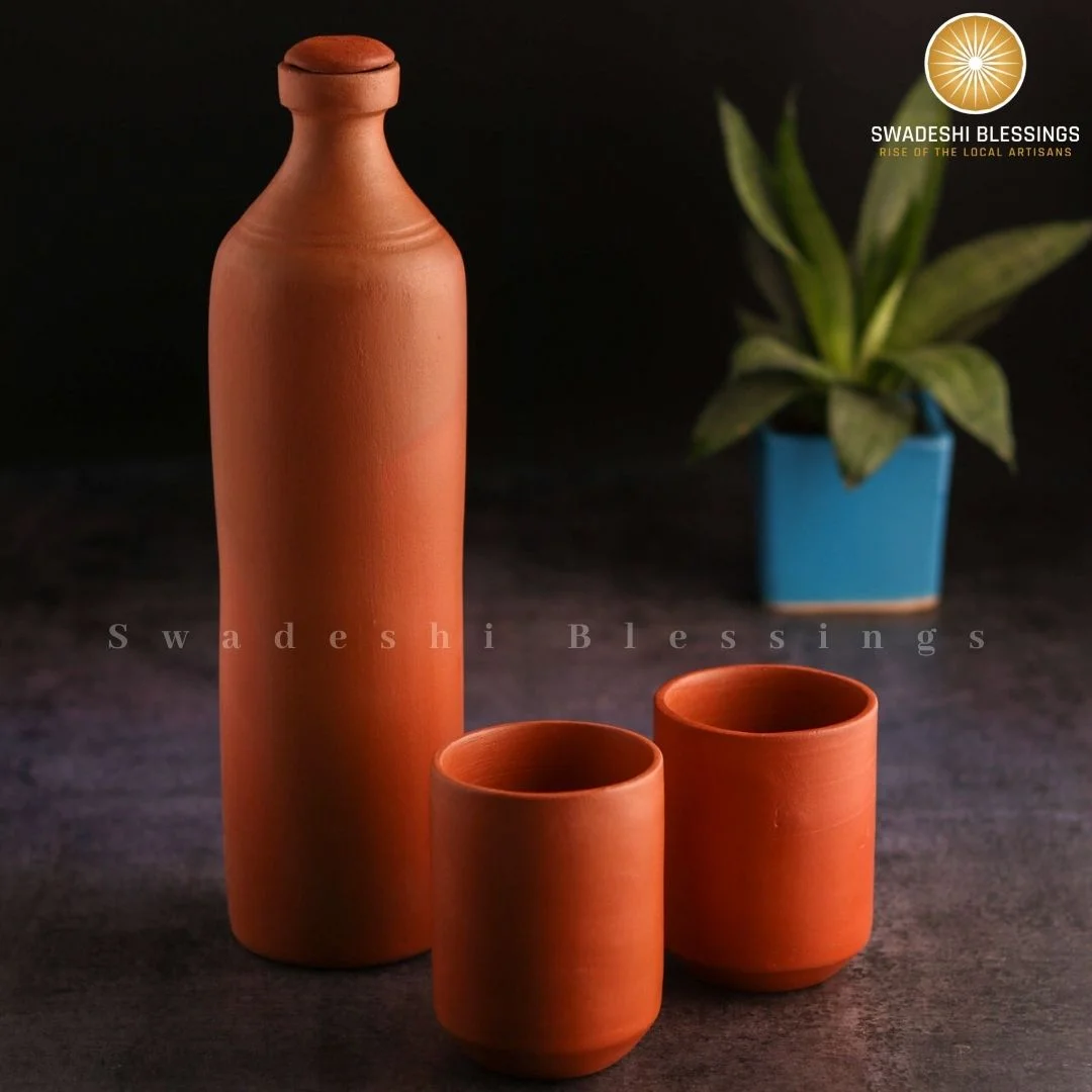 Swadeshi Blessings Handmade Clay Water Bottle, 1L | 100 % Eco-Friendly Earthen Water Tumbler