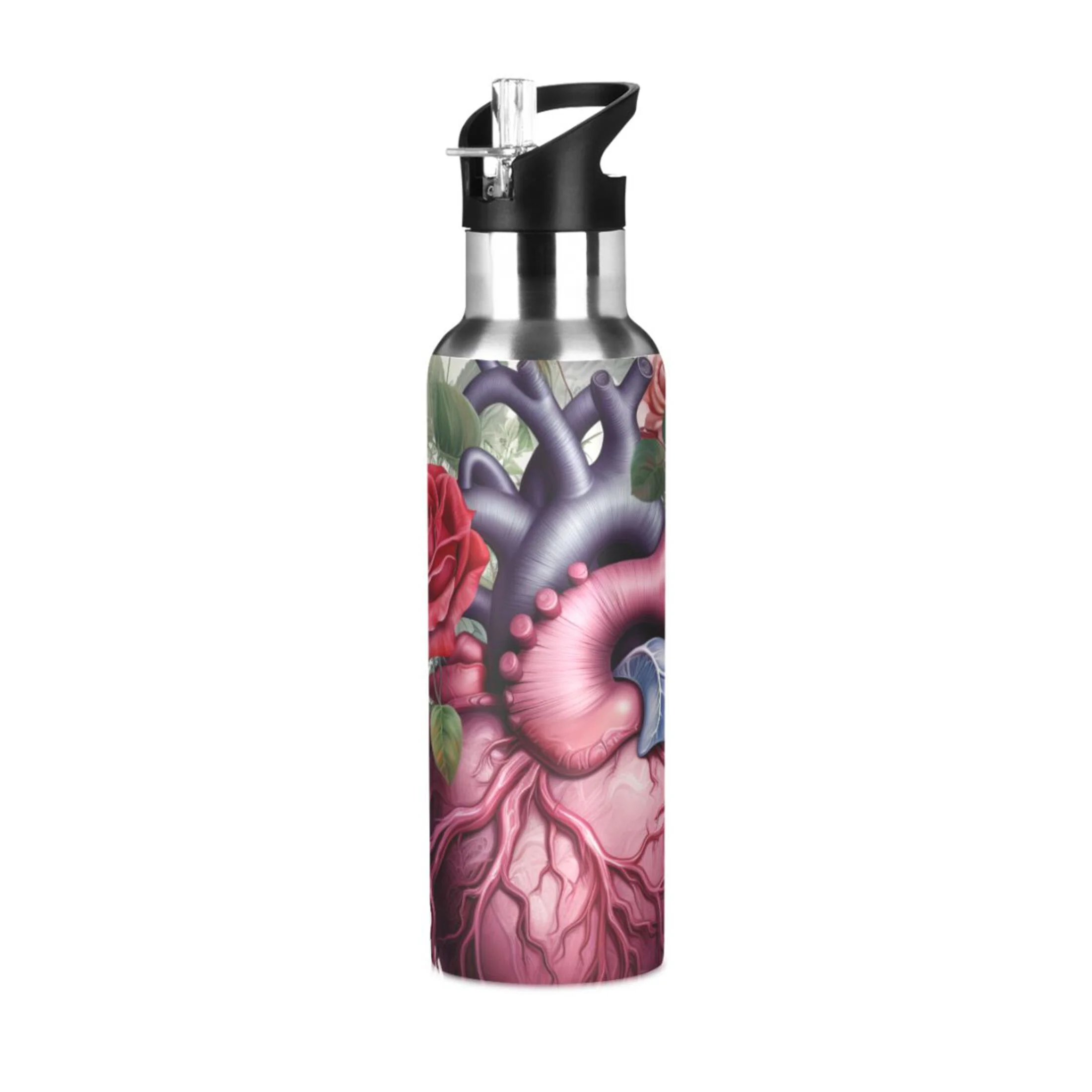 Roses Abstract Heart Water Bottles Insulated Thermos Kids Stainless Steel Bottle with Straw Lid Flask Leakproof for Sports Gym 20 oz