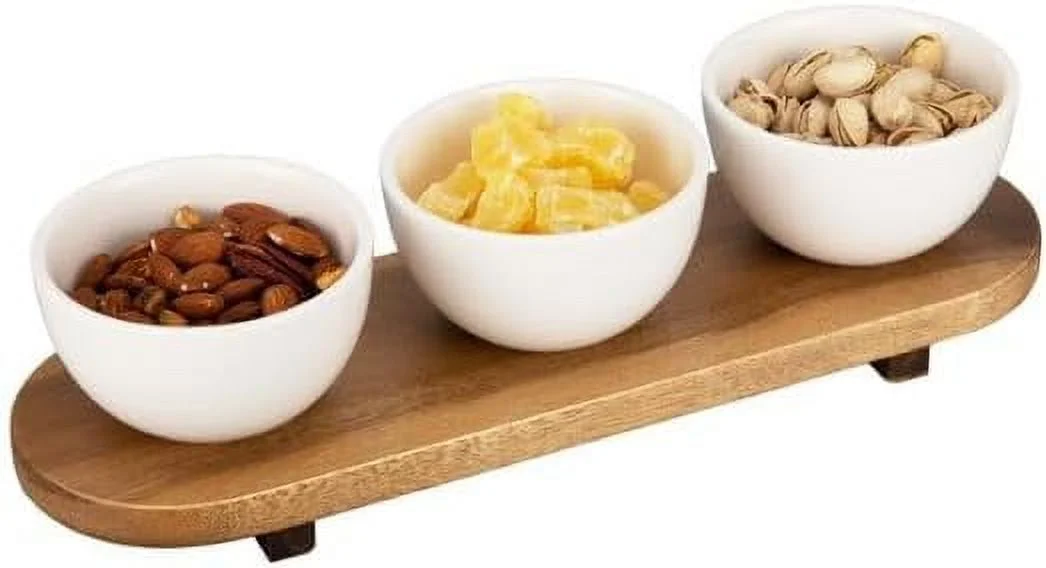 White Stoneware Serving Bowl Set With Acacia Wood Stand 14” X 4.5” Condiment Caddy, Dip Bowls, Charcuterie Server, Flight Board