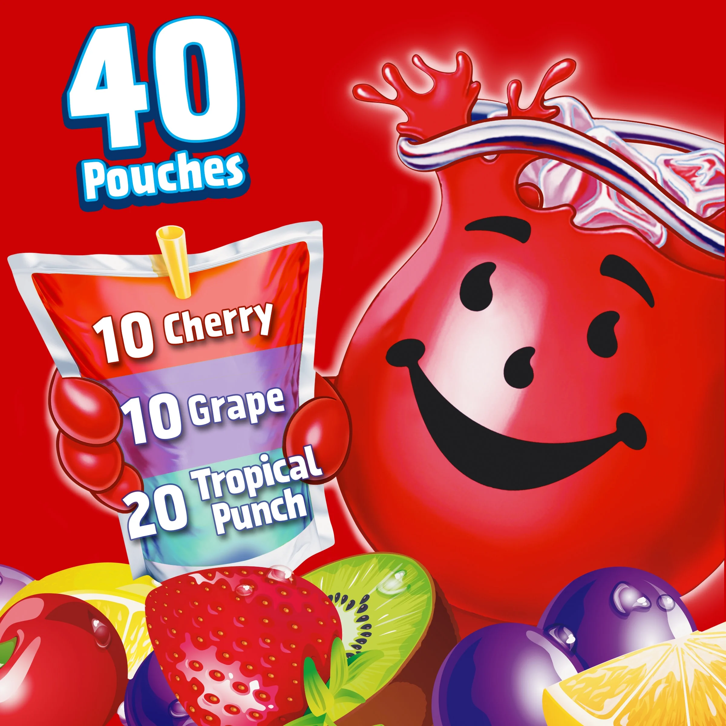 Kool-Aid Jammers Tropical Punch, Cherry & Grape Zero Sugar Artifically Flavored Soft Drink Variety Pack, 40 ct Box, 6 fl oz Pouches