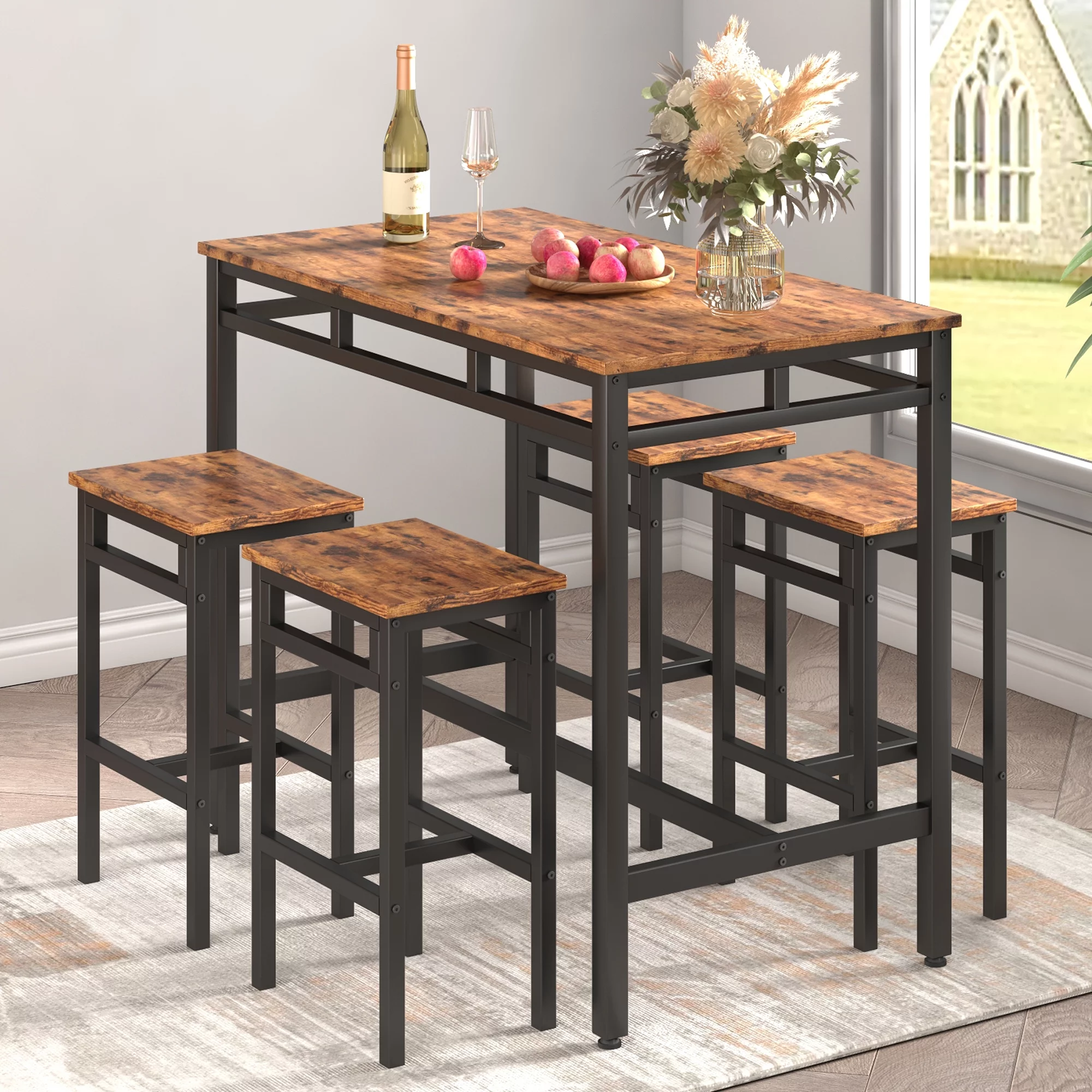 uhomepro 5 Piece Bar Table Set with 4 Stools, Metal Frame Kitchen Counter Height Table Space Saving for 4 Persons, Dining Room Table Set for Kitchen Small Apartment, Breakfast Nook, Brown