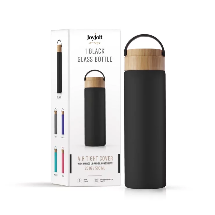 JoyJolt Glass Water Bottle with Silicone Sleeve & Carry Strap 20 oz - Black