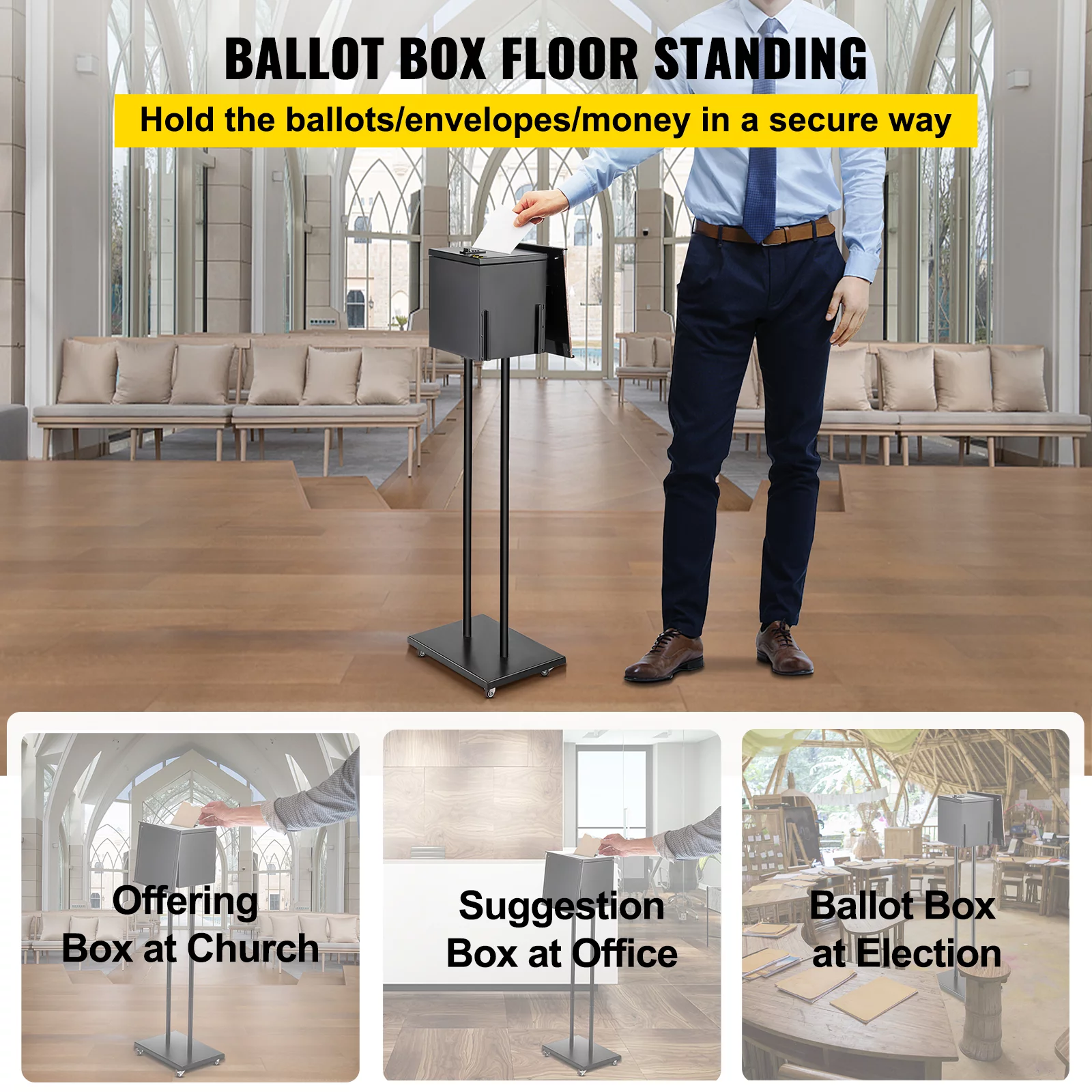 VEVOR Ballot Box, Floor Standing Suggestion Box with Lock and Sign Holder, Side Pocket for Storing Ballots, Brochures, Donation Box for Home Office Church Election, 8.6
