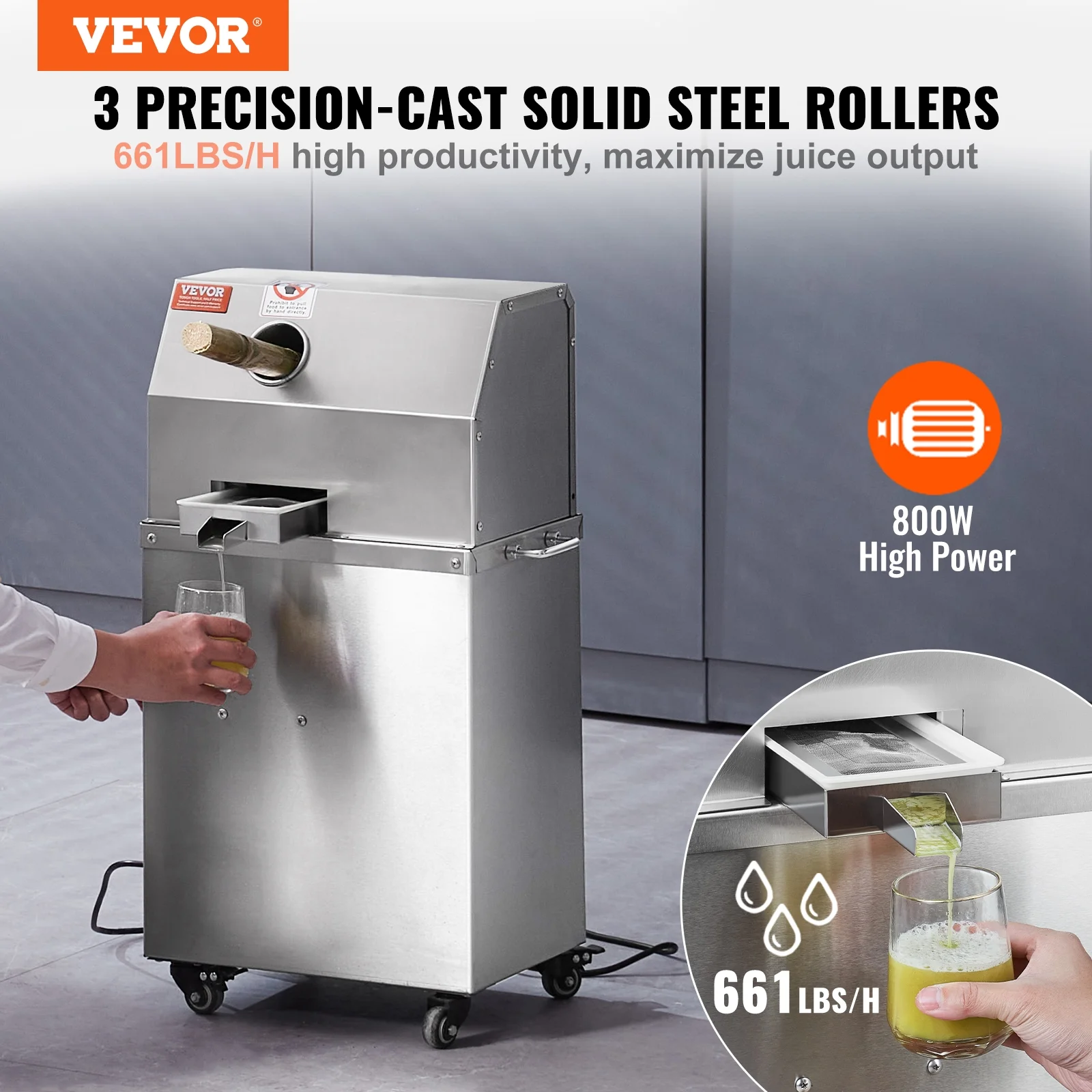 SKYSHALO 800W Electric Sugar Cane Juicer 661LBS/H Output 3 Rollers 2.4