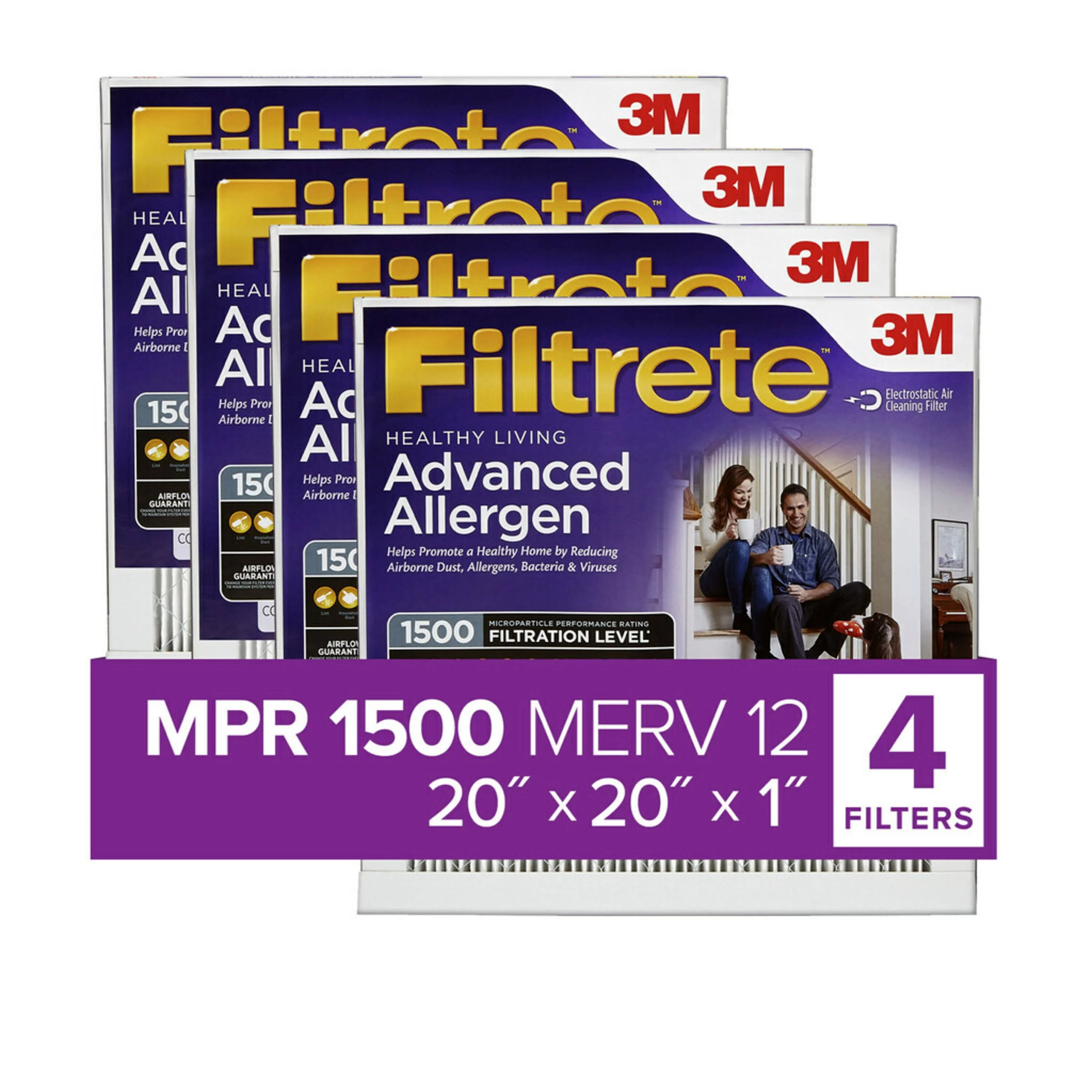 Filtrete 20x20x1 Air Filter, MPR 1500 MERV 12, Advanced Allergen Reduction, 4 Filters
