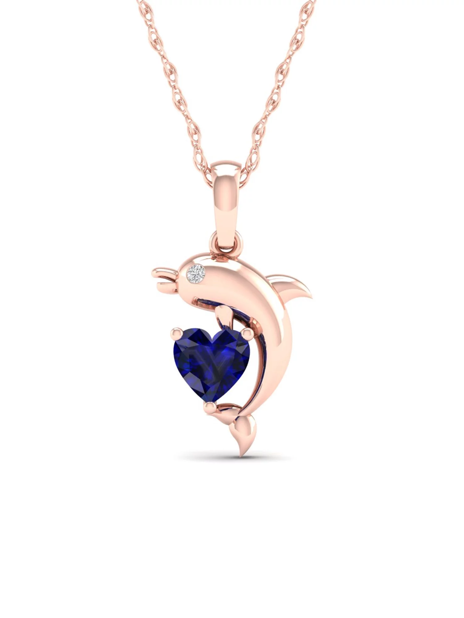 Imperial Gemstone 14k Rose Gold Plated Silver Created Blue Sapphire and Diamond Gender Reveal Dolphin Necklace
