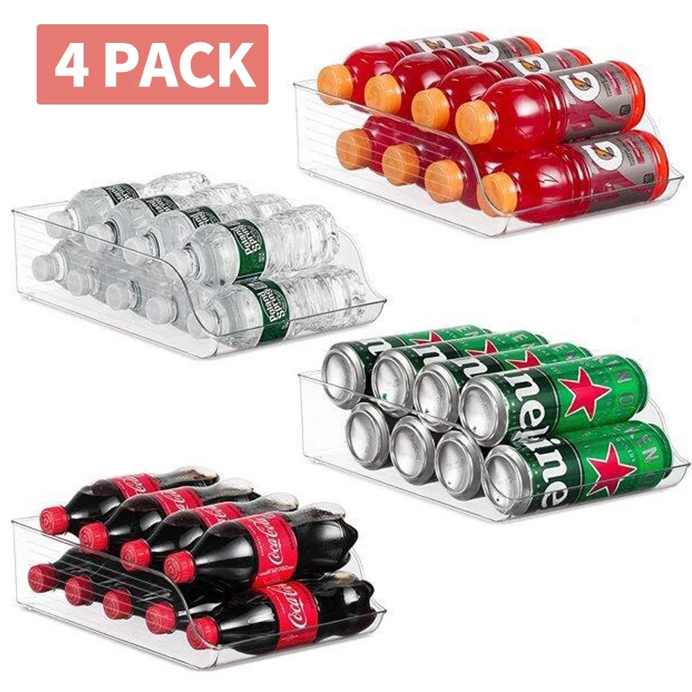 Set of 4 Refrigerator Organizer Bins Plastic Fridge Water Bottle Storage Dispenser, Pop Soda Can and Drink Holder for Pantry Kitchen Cabinets and Freezer, BPA Free, Clear