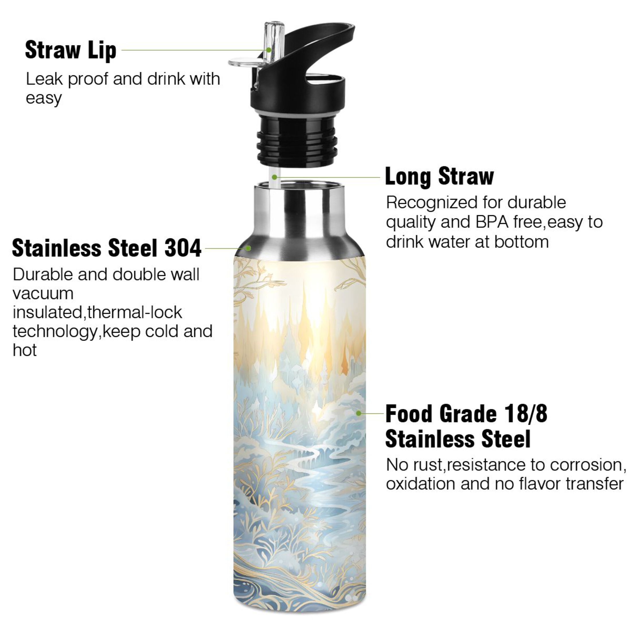 Water Bottle with Straw Lid Leak Abstract Landscape with Golden Stainless Steel Insulated Thermos Vacuum Flask for Cold Hot Drinking for Sports Camping Gym Yoga