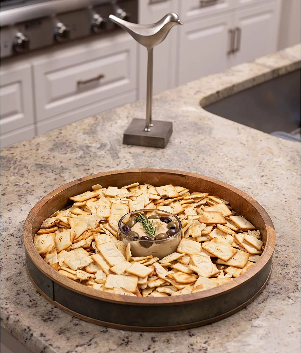 BirdRock Home Brown Wooden and Silver Iron Chip and Dip Serving Tray and Glass Bowl