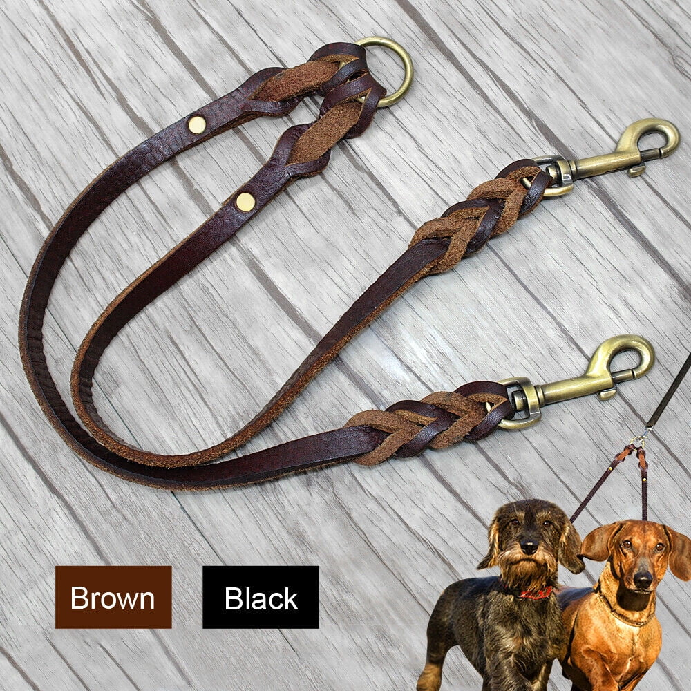 2 Way Braided Leather Dog Leash Double Coupler Splitter Walking Lead Twin Dogs