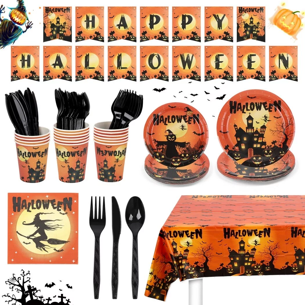 114 Pcs Halloween Plates Napkins Party Set, Halloween-Themed Supplies, Halloween Plastic Cutlery, for Halloween Costume Party Movie Night