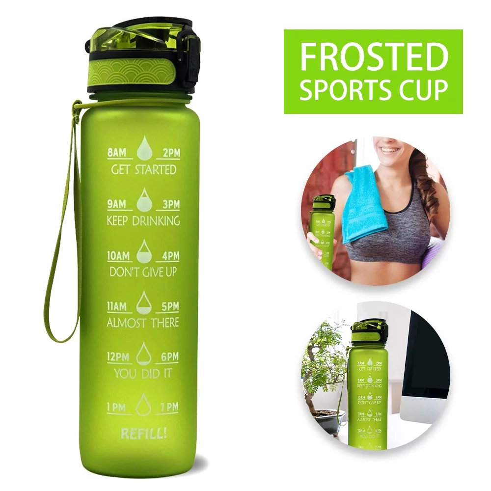 Fyeme High Capacity Motivational Water Bottle with Time Marker and Straw, Bounce Cover Large Wide Mouth Matte Leakproof,