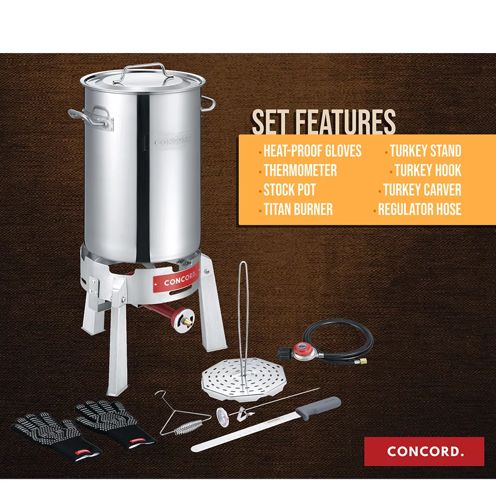 CONCORD Heavy Duty Stainless Steel Deluxe Turkey Fryer Kit with Titan Burner, Rack, Slicer, Hook, Thermometer, and heat proof gloves. Also great for Seafood Boil, Crawfish Boil, and more (Turkey Fryer