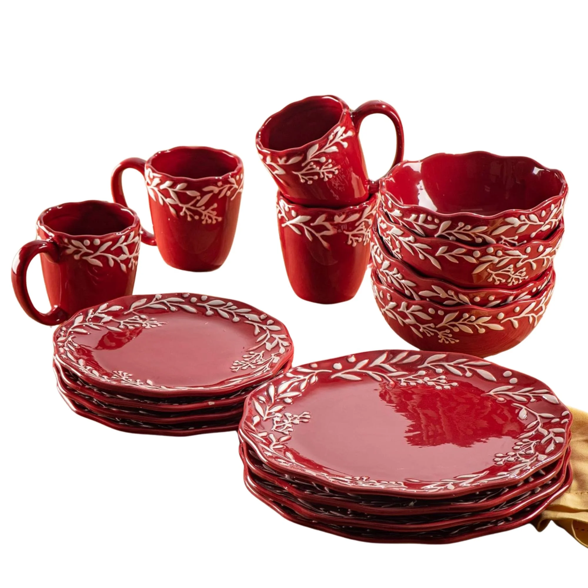 American Atelier, Round Bianca Mistletoe Red and White Holiday Ceramic Dinnerware Set - 16 Pieces
