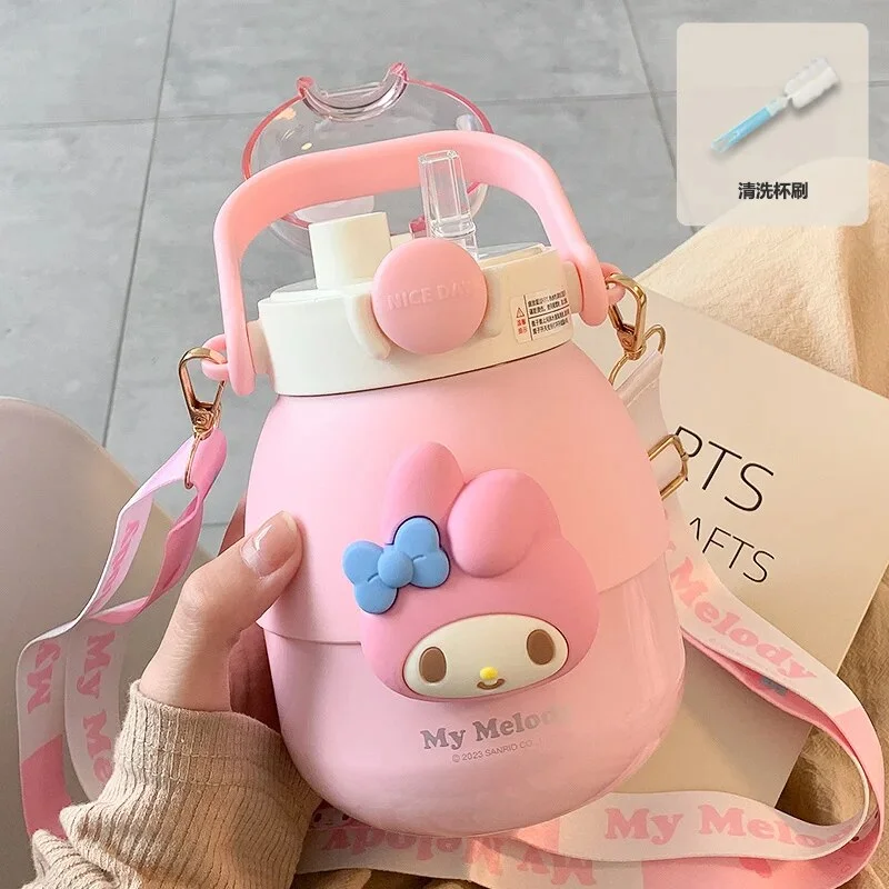 880Ml Sanrio Kuromi My Melody Water Bottle with Straw Kawaii Cartoon Large Capacity 316 Stainless Steel Thermos Mug Girls Gift