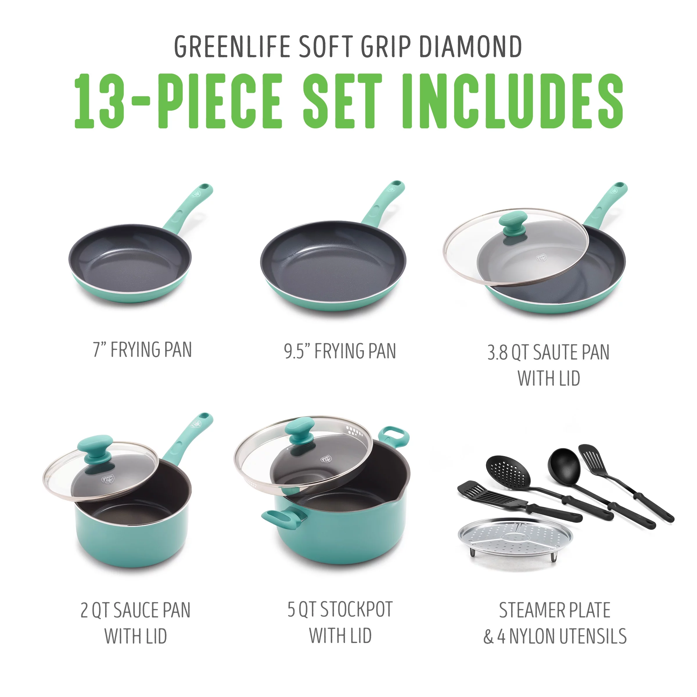 Greenlife Diamond Ceramic Non-stick 13Pc Cookware Set, Turquoise