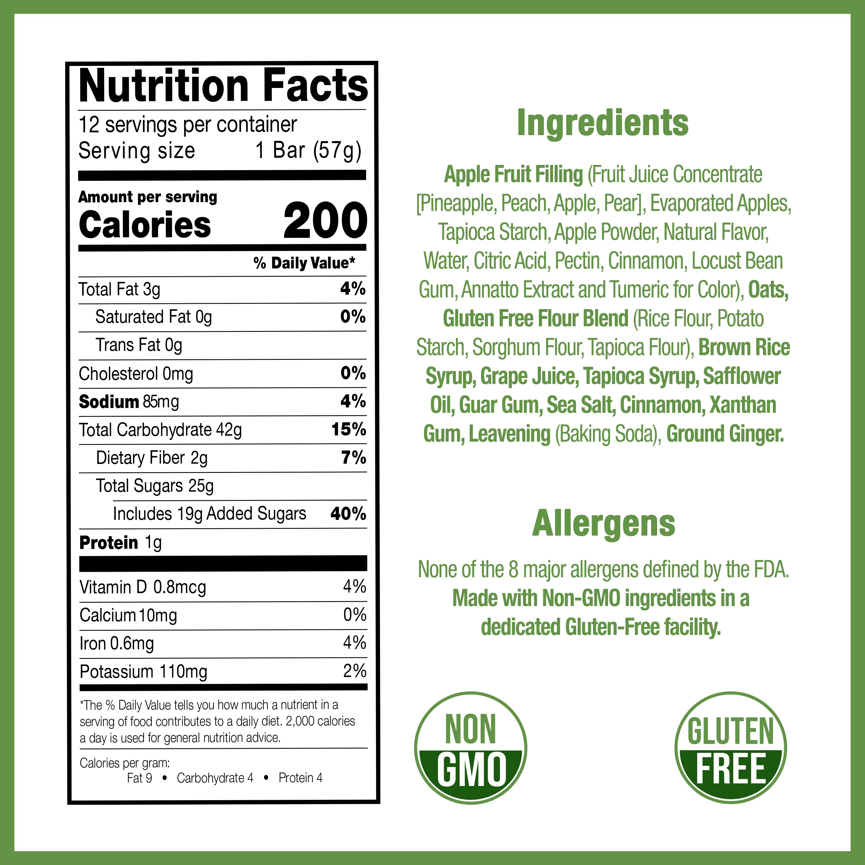 Betty Lou's Apple Cinnamon Fruit Bars, Gluten Free, Vegan 12 Ct.