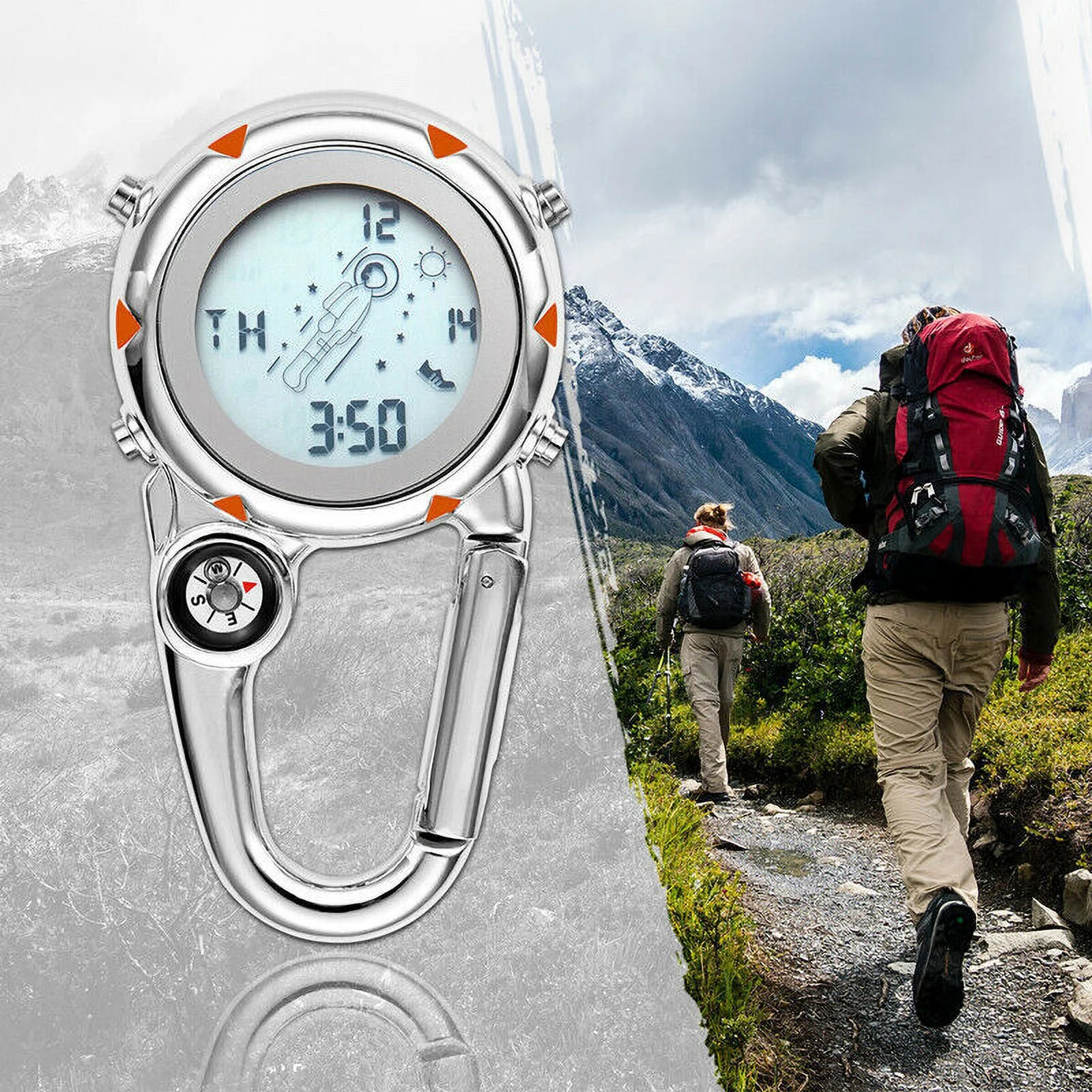 Multifunction Clip-On Carabiner Backpack Digital Watch W/ Light Compass Calendar