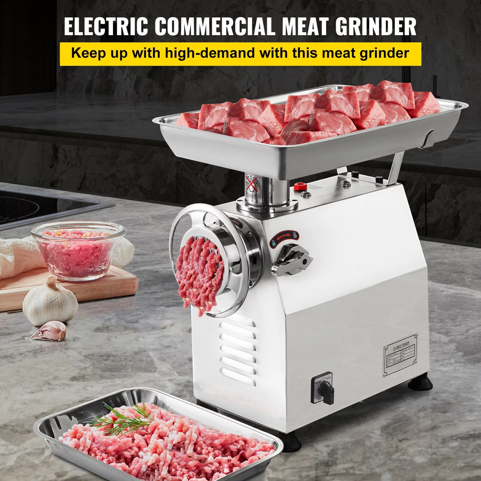 VEVORbrand Commercial Electric Meat Grinder 770lbs/h,Electric Sausage Maker 2200W,Stainless Steel With 2 Grinding Heads & 2 Blades For Restaurants,Supermarkets,Silver