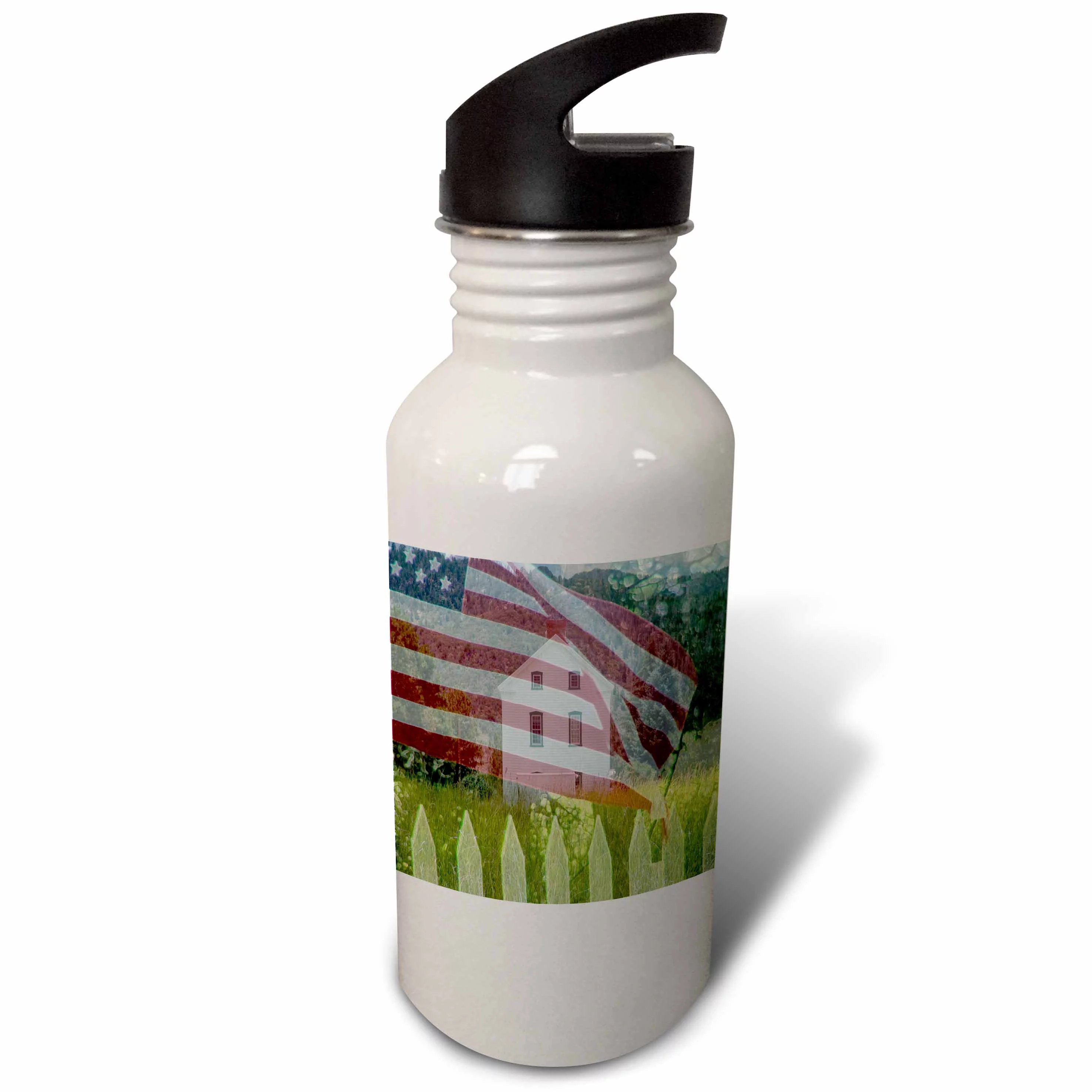 Old Historical LDS Church in Pine Valley, Utah with a faded American Flag and Picket Fence 21 oz Sports Water Bottle wb-44039-1