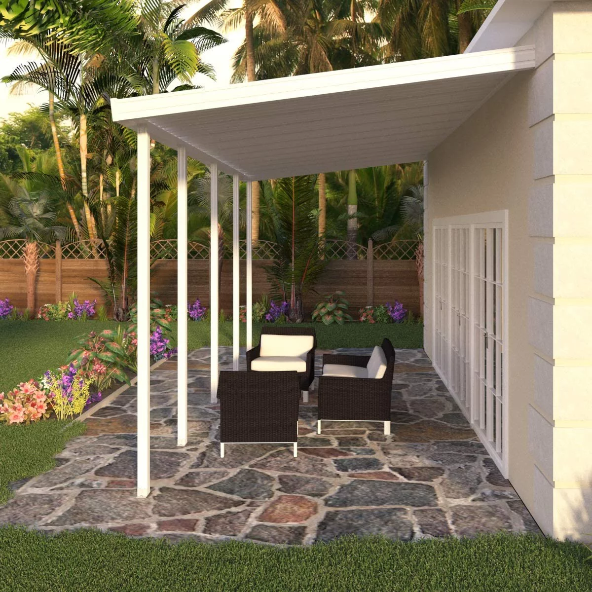Four Seasons OLS TWV Series 28 ft wide x 12 ft deep Aluminum Patio Cover with 10lb Snowload & 5 Posts in White