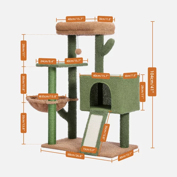 Fithood Cactus Cat Tree Cat Tower with Sisal Covered Scratching Post and Cozy Condo Cat Climbing Stand with Plush Perch &Soft Hammock for Indoor Cats(Minimum Retail Price for US: USD 79.99)