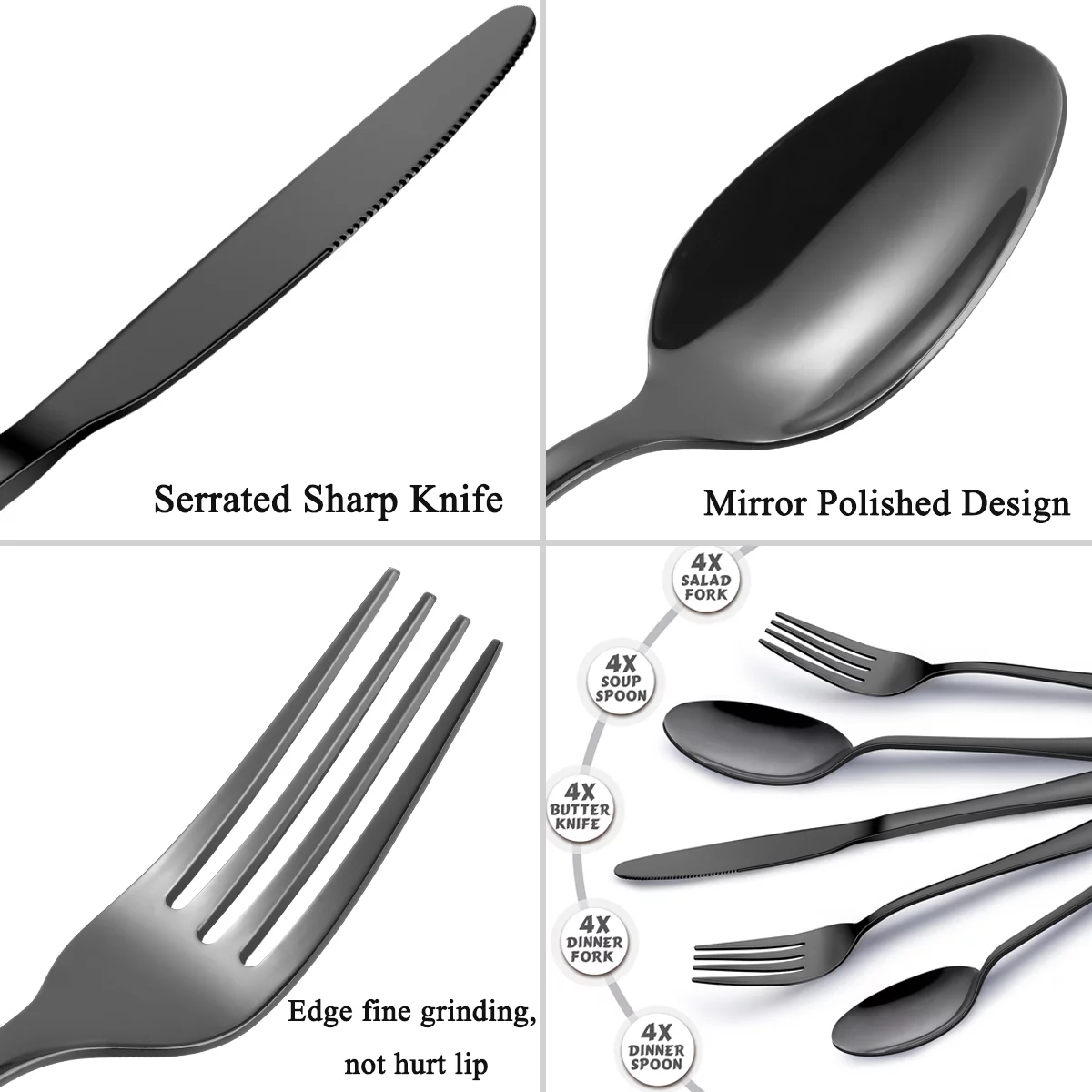 20-Piece Silverware Set, Stainless Steel Flatware Set Service for 4, MHKJP Tableware Cutlery Set for Home and Restaurant, Knives Forks Spoons, Mirror Polished, Dishwasher Safe (Black)