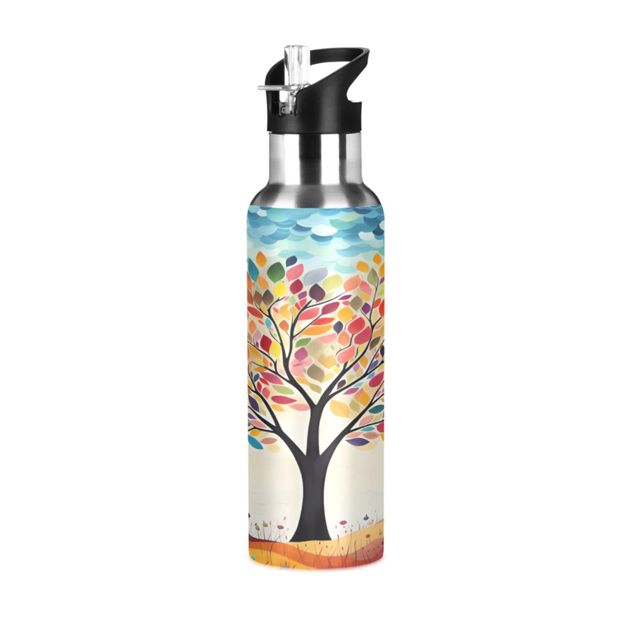 Water Bottle with Straw Lid Leak Abstract Tree with Blue Stainless Steel Insulated Thermos Vacuum Flask for Cold Hot Drinking for Sports Camping Gym Yoga