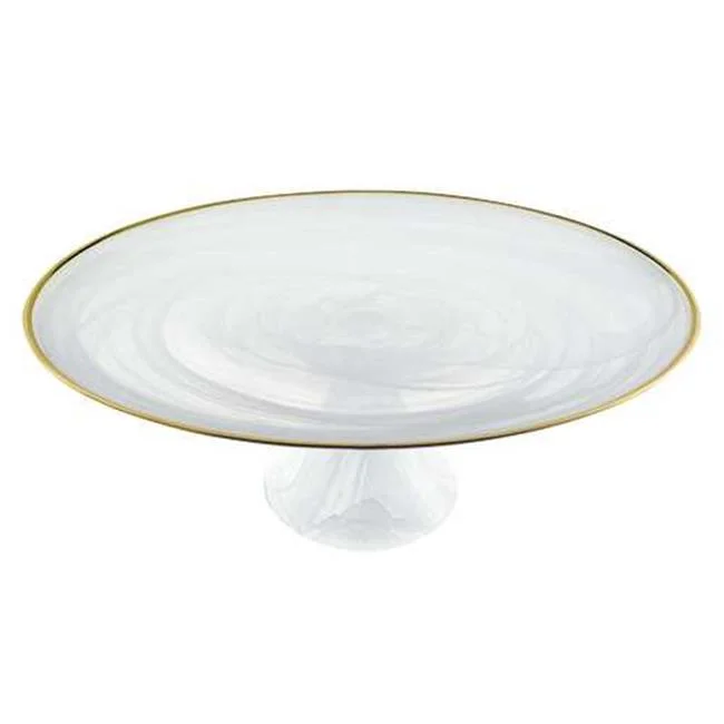 Handcrafted Optical Glass & White Gold Footed Cakestand with Gold Rim