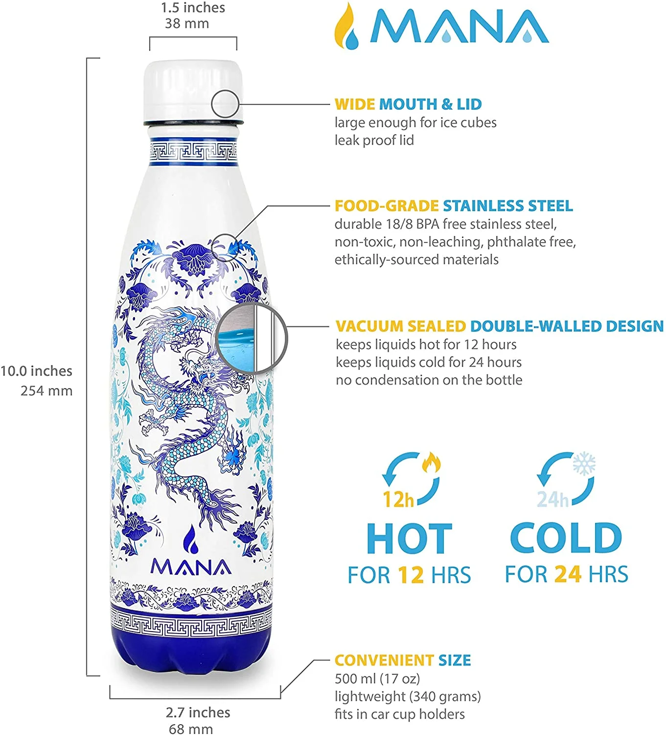 MANA Stainless Steel Hot/Cold Beverage Container - Dragon Dynasty Porcelain [Sports & Outdoors]