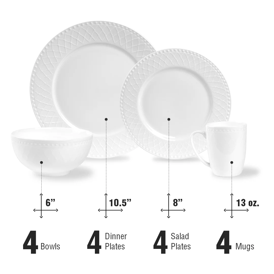 Stone Lain 32-Piece Bone China Round Dinnerware set, Elegant Basket Embossed White Plates, Bowls, Mugs Service for 8