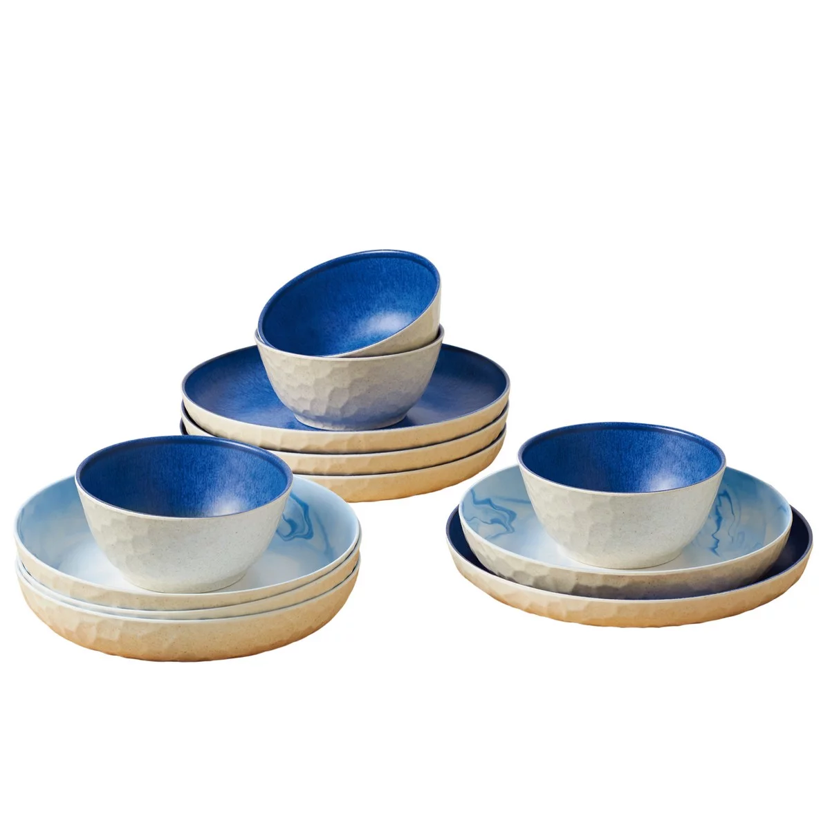 Better Homes & Gardens 12-Piece Bamboo Melamine Dinnerware Set, Reactive Blue