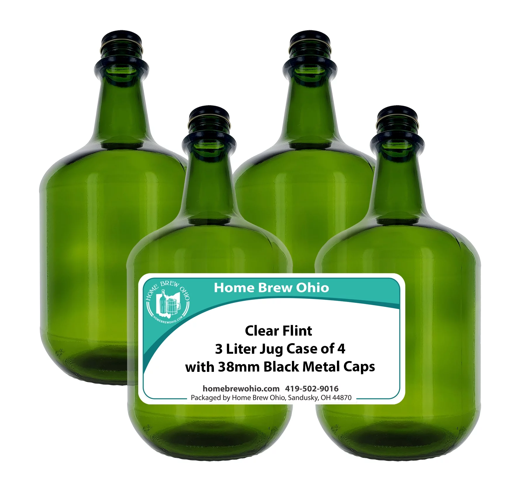 3L Jug Champagne Green - Pack of Four Bottles with Black Metal Caps