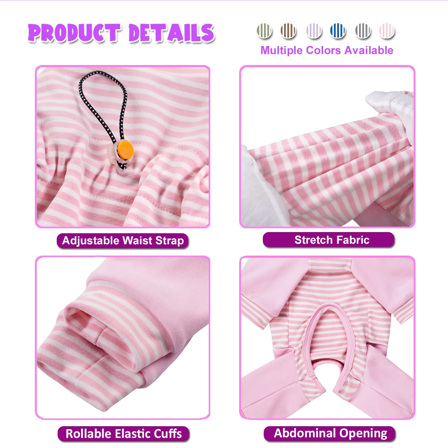 BT Bear Small Dog Jumpsuit, Small Dog Recovery Suit, Stripe Anti-Shedding Dog Pajamas Pjs, After Surgery Dog Onesie Shirt, Dog Sweater Coat for Puppy Small Dog Pink L