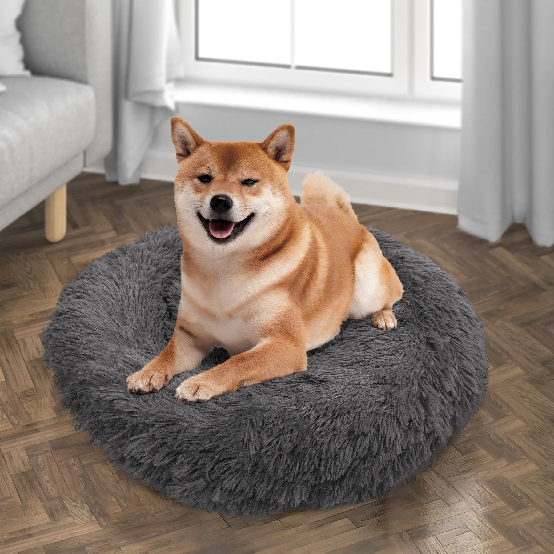 Deluxe Donut Pet Bed with Anti-Slip Waterproof Bottom and Raised Rim - Soothing Calming Cuddler Nest Dog Bed, Fluffy Faux Fur Round Cushion Cat Bed