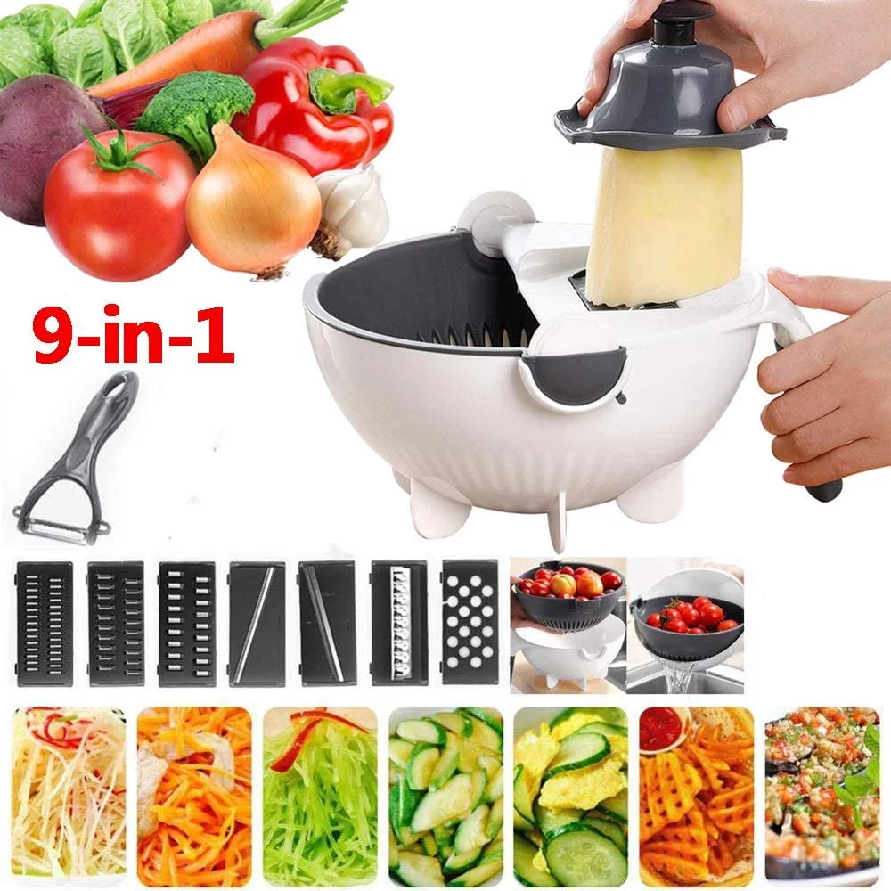 New 9 in 1 Multifunction Magic Rotate Vegetable Cutter with Drain Basket Large Capacity Vegetables Chopper Veggie Shredder Grater Portable Slicer Kitchen Tool with 8 Dicing Blades