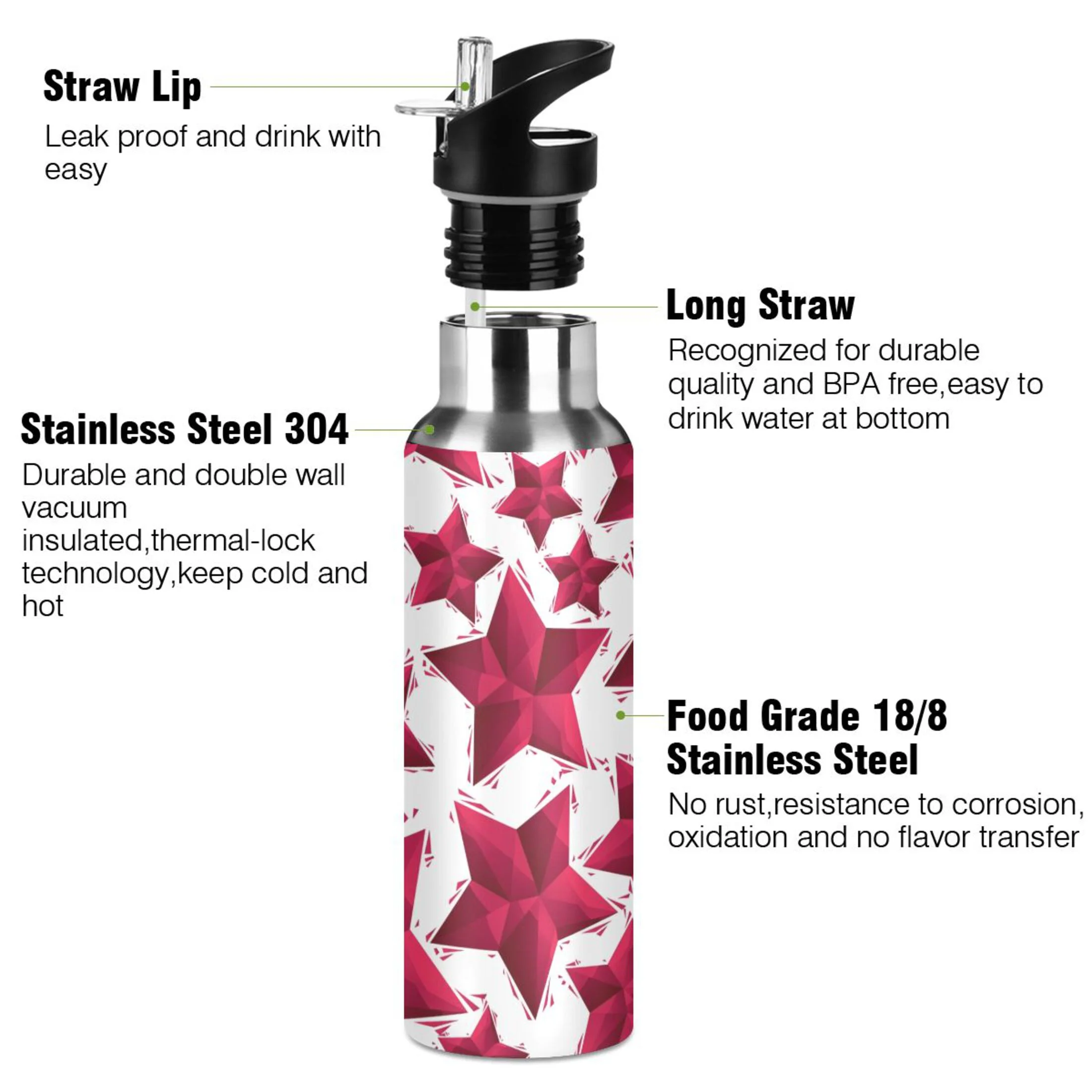 Water Bottle with Straw Lid Leak Star Printed Stainless Steel Insulated Thermos Vacuum Flask for Cold Hot Drinking for Sports Camping Gym Yoga