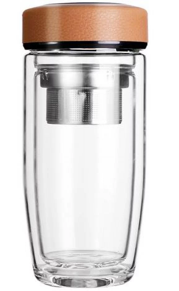 Tea Infuser Glass Water Bottle, Double Wall Glass with Strainer for Loose Leaf Tea and Fruit - 12 oz Brown