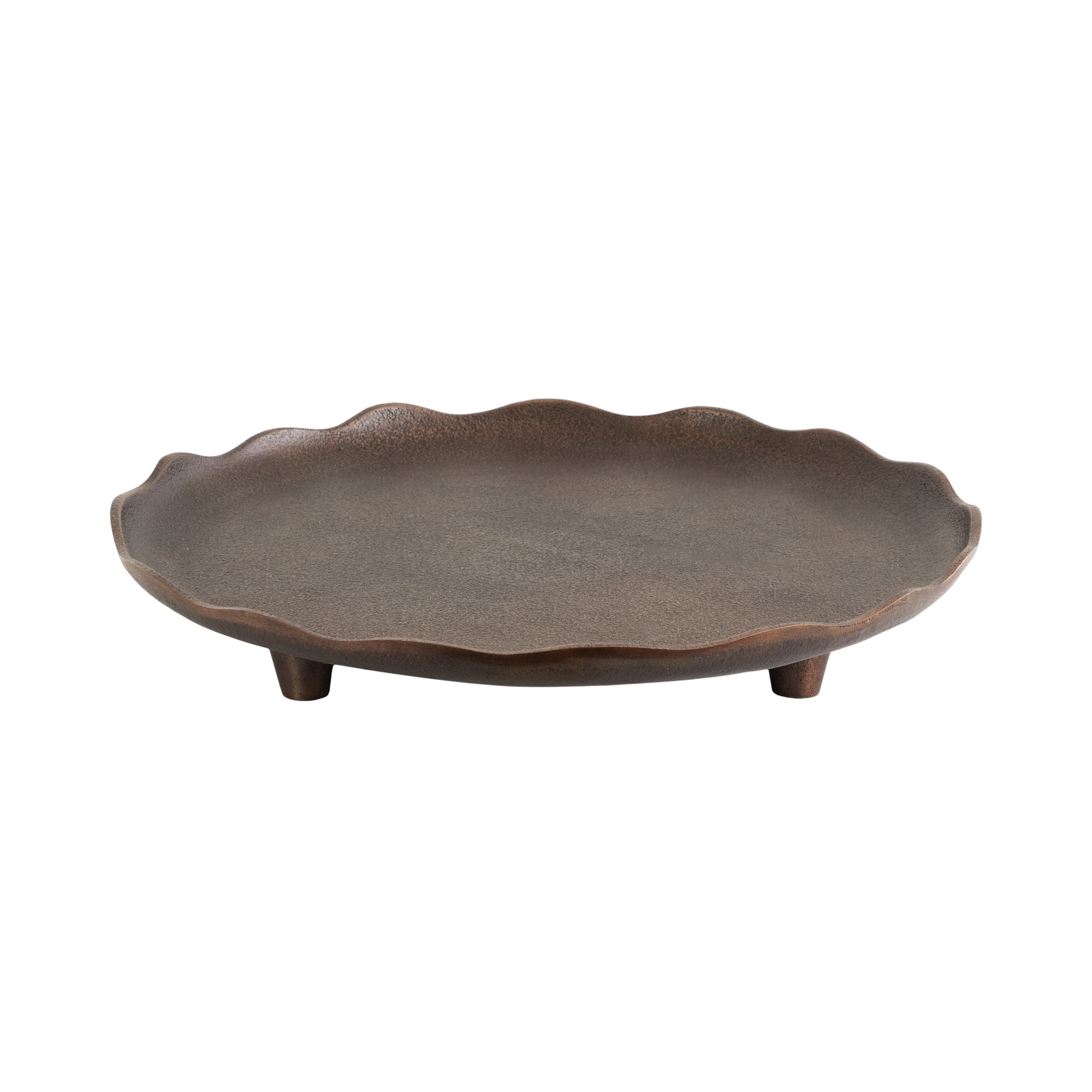 Kate and Laurel Alessia Modern Decorative Scalloped Round Footed Metal Tray, 16 Inch Diameter, Bronze, Transitional Food-Safe Cast Aluminum Pedestal Tray with Rough Texture and Deckled Edge