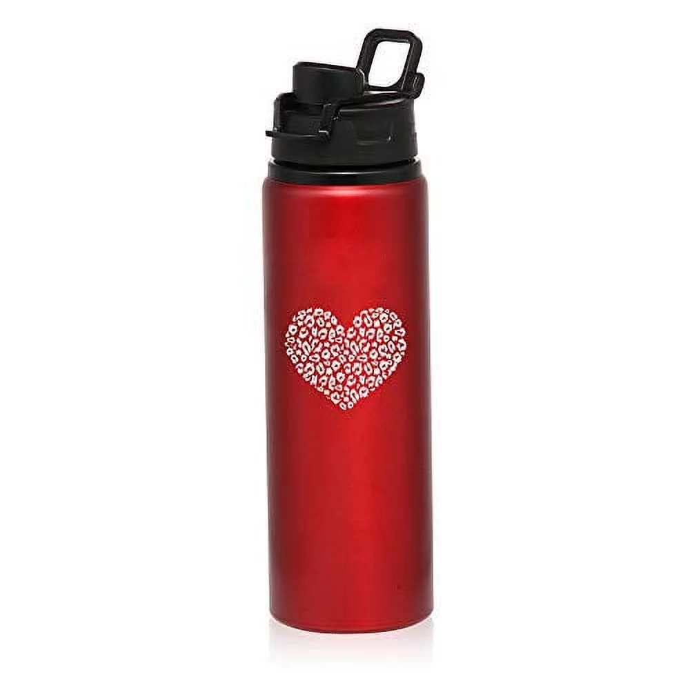 MIP Brand 25 oz Aluminum Sports Water Travel Bottle Leopard Print Love Heart (Red)