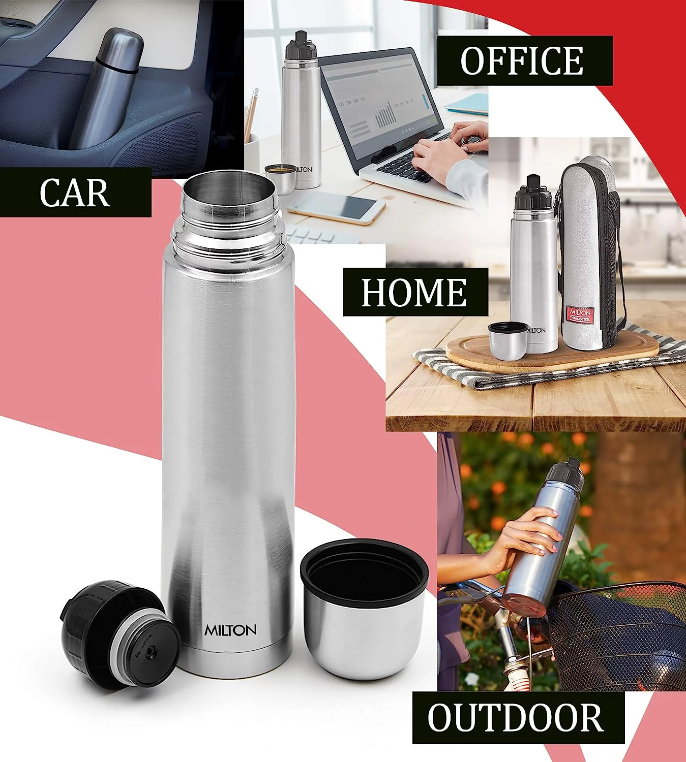 Milton Thermosteel Flip Lid Flask 350, Double Walled Vacuum Insulated 350 ml | 12 oz | 24 Hours Hot and Cold Water Bottle with Cover, 18/8 Stainless Steel, BPA Free, Food Grade, Leak-Proof | Silver