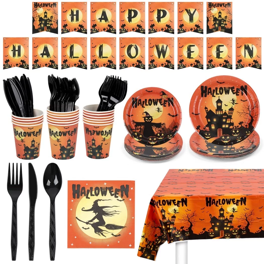 114 Pcs Halloween Plates Napkins Party Set, Halloween-Themed Supplies, Halloween Plastic Cutlery, for Halloween Costume Party Movie Night
