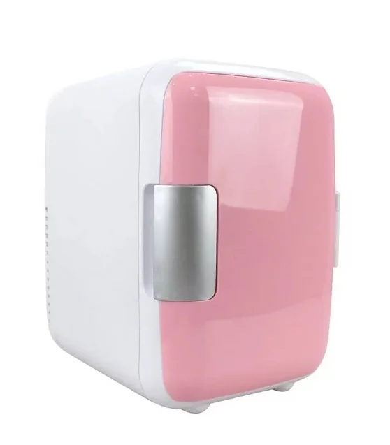 Mini Fridge for Bedroom - Car, Office Desk & Dorm Room - Portable 4L/6 Can Electric Plug In Cooler & Warmer for Food, Drinks, Skincare Beauty & Makeup - 12v AC/DC & Exclusive USB Option, Pink