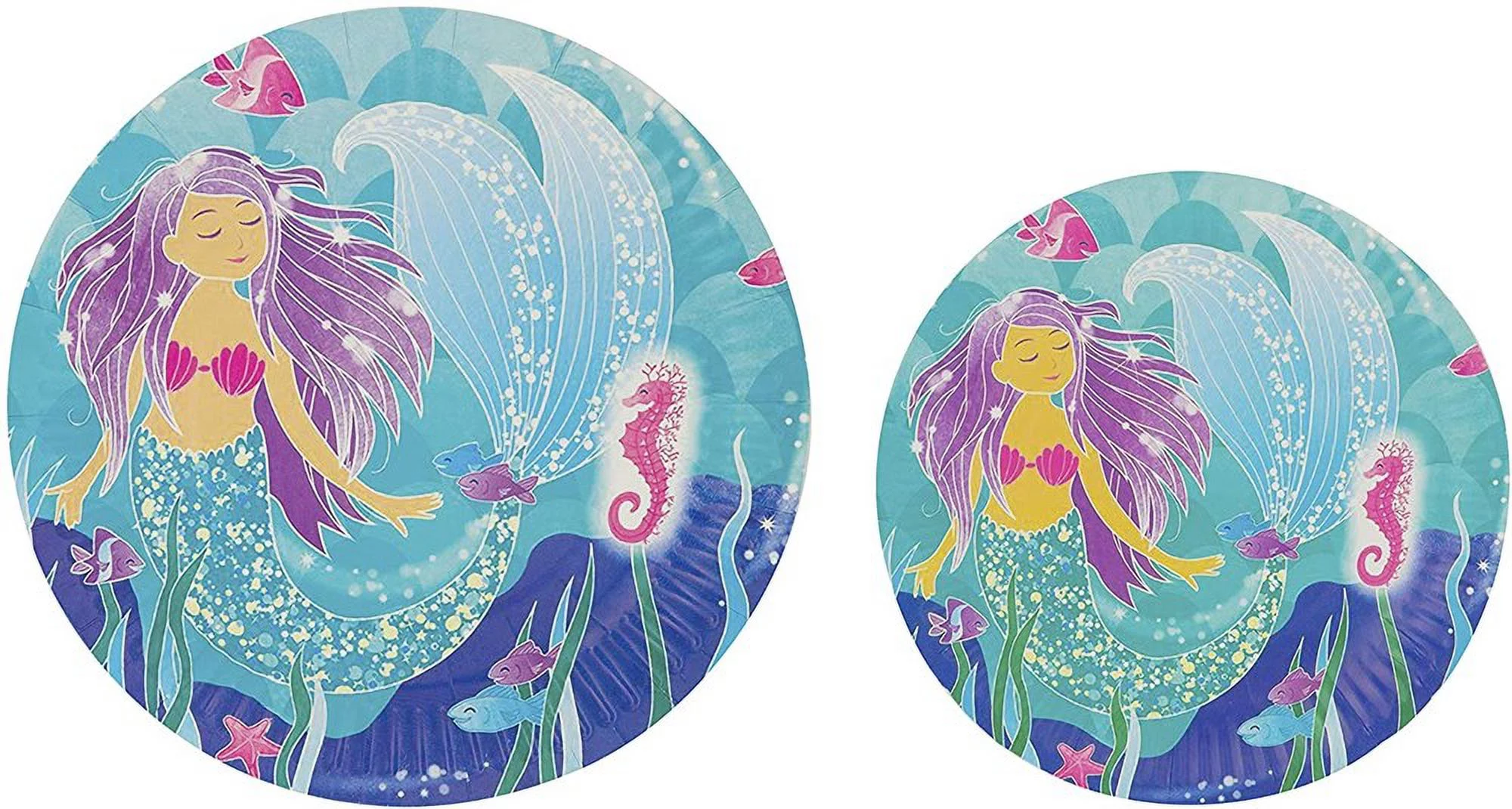 mermaid theme party pack - disposable paper plates, cups, napkins, forks, spoons, gift bags and party blowers - serves 10