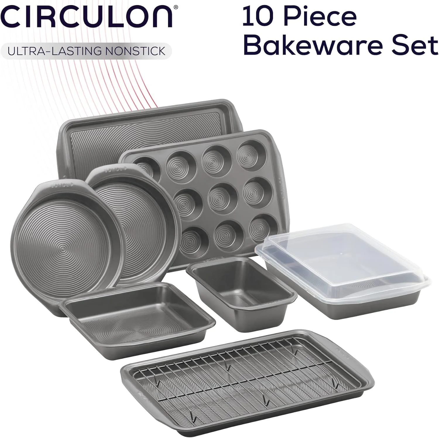 OUWI Momentum Non Stick Bakeware Set - 10 Piece Baking Set with Baking Trays, Cake Tins, Muffin Tray and Cooling Rack, Carbon Steel, Dishwasher Safe