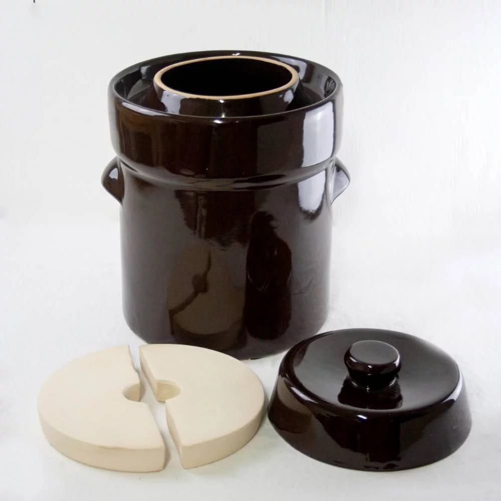 Lehman's European Style Fermenting and Pickling Crock and Weights 1 Gallon Brown
